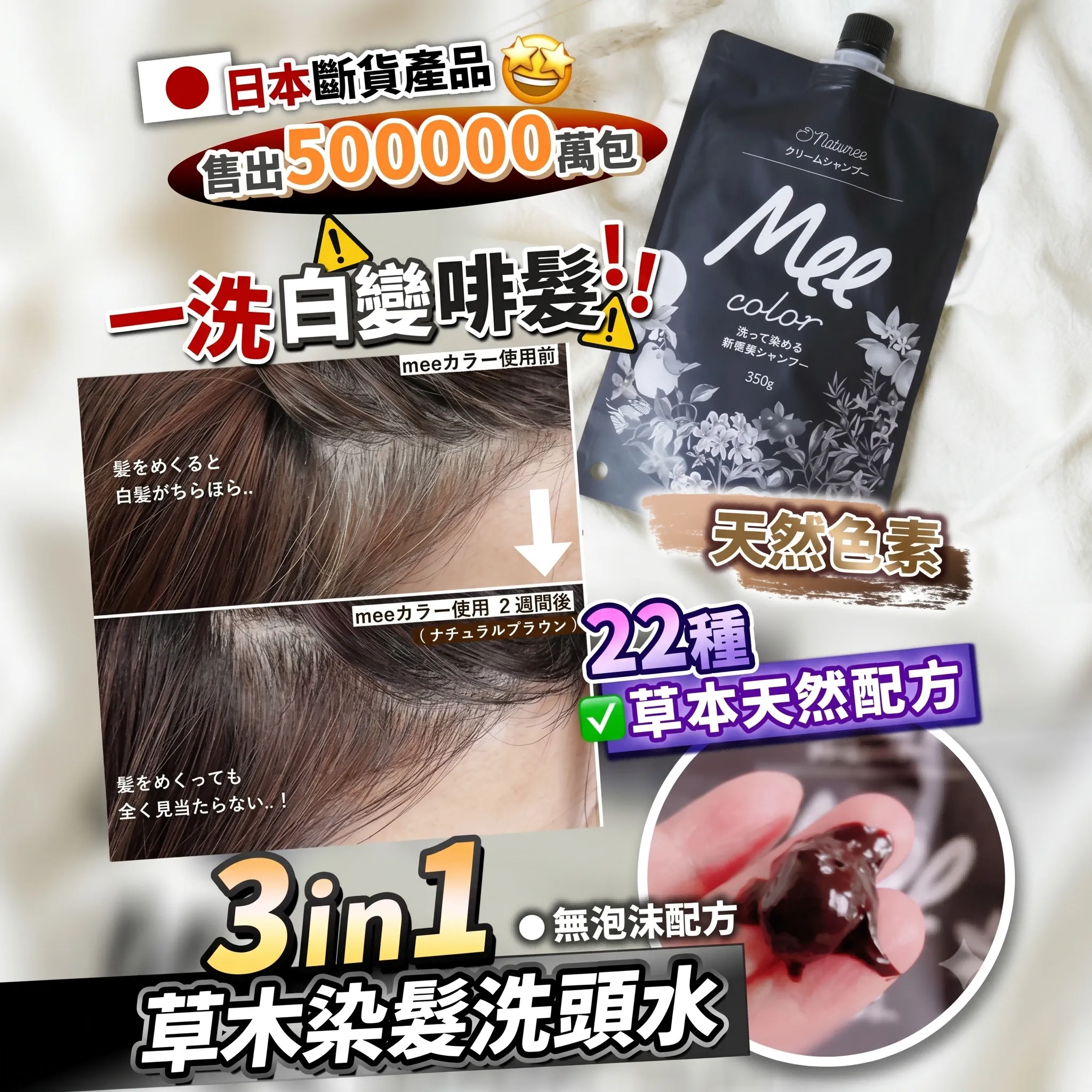 日本製Natumee 一洗即染三合一草本護髮染洗頭水(自然啡色) 350G 平行進口