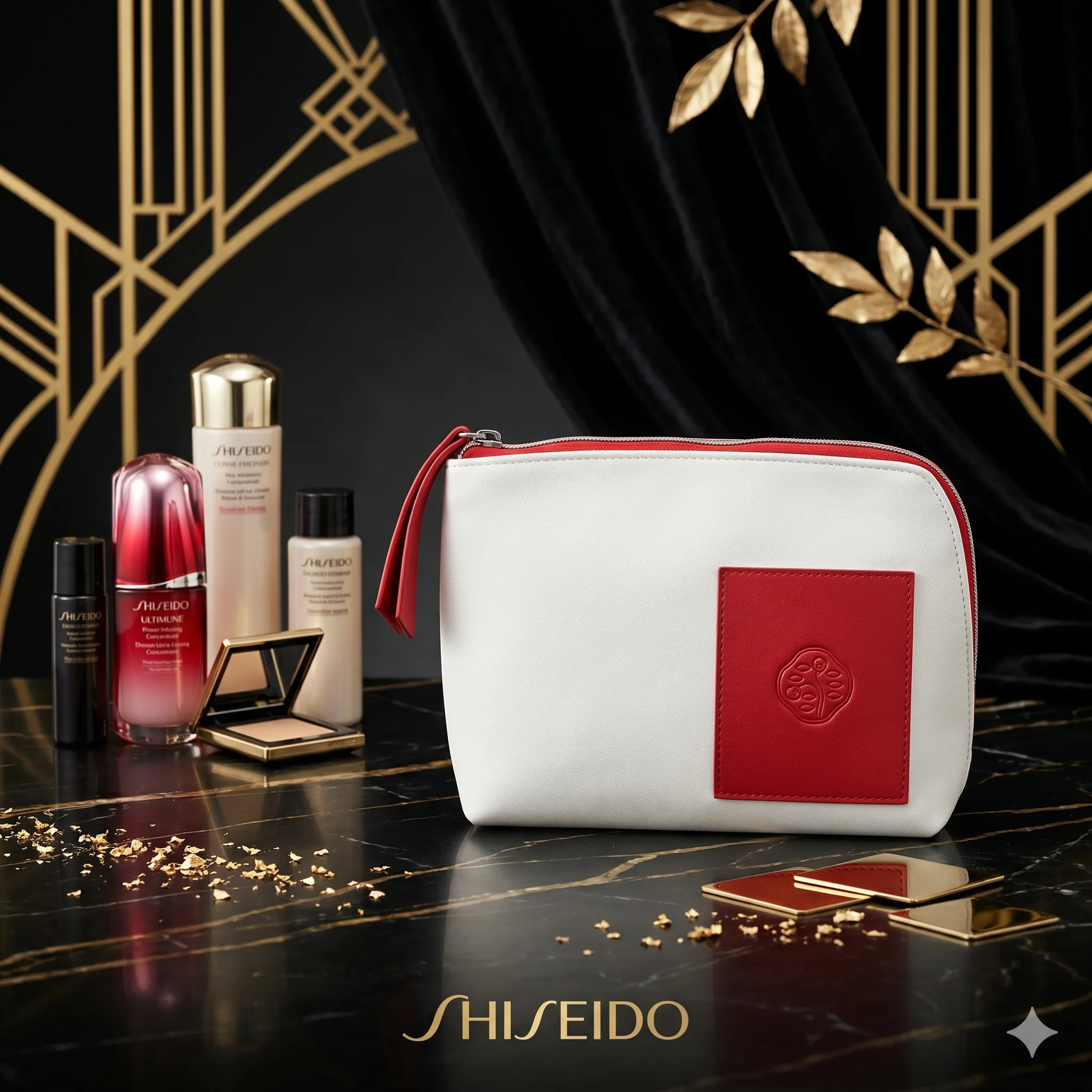 SHISEIDO 白底红色花图案化妝袋
