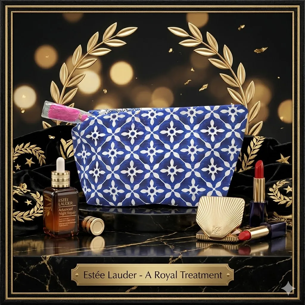 Estée Lauder 藍白格仔花化妝袋