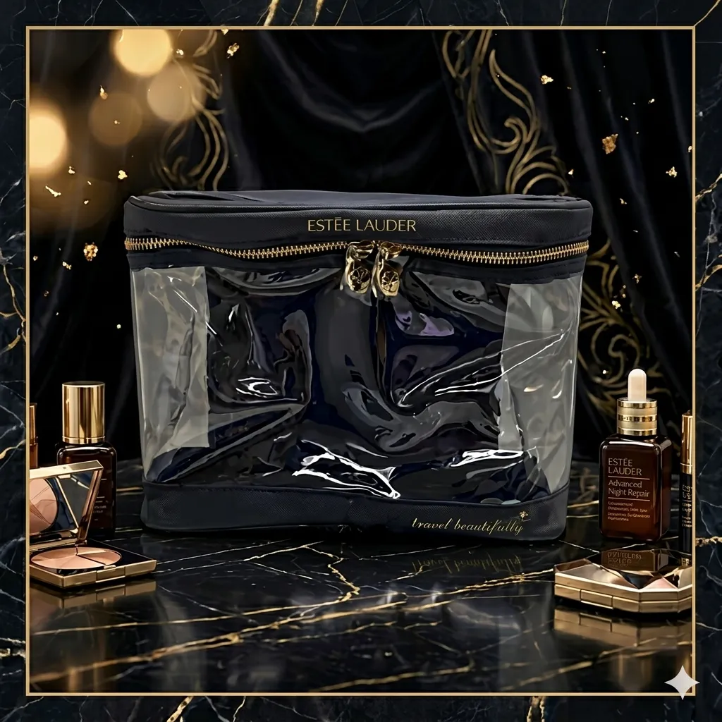 Estée Lauder 黑底透明金字化妝袋