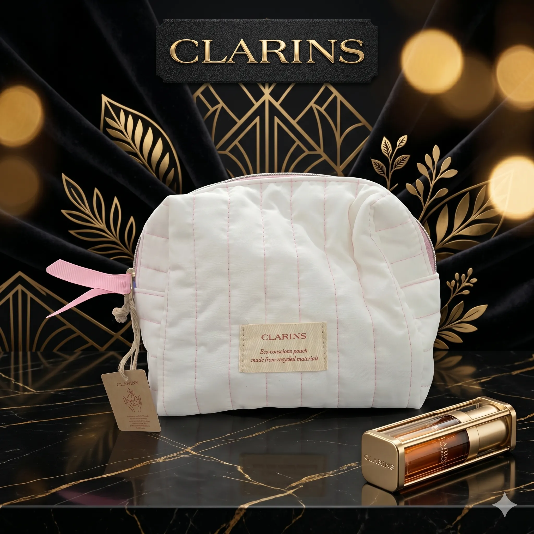 CLARINS 白底粉紅間化妝袋